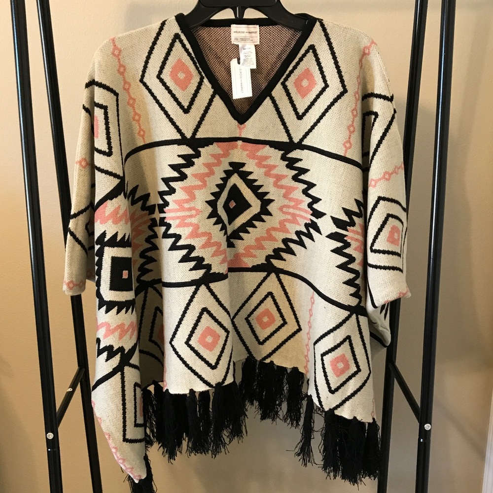 Aztec Print Black and Pink Poncho